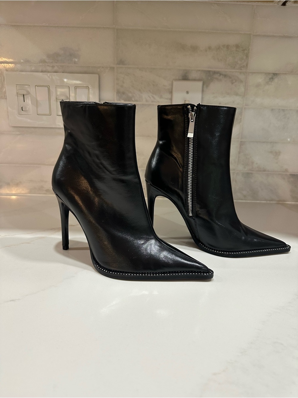 Zara Black Pointed Stiletto Ankle Boots with Side Zip and Stud Trim